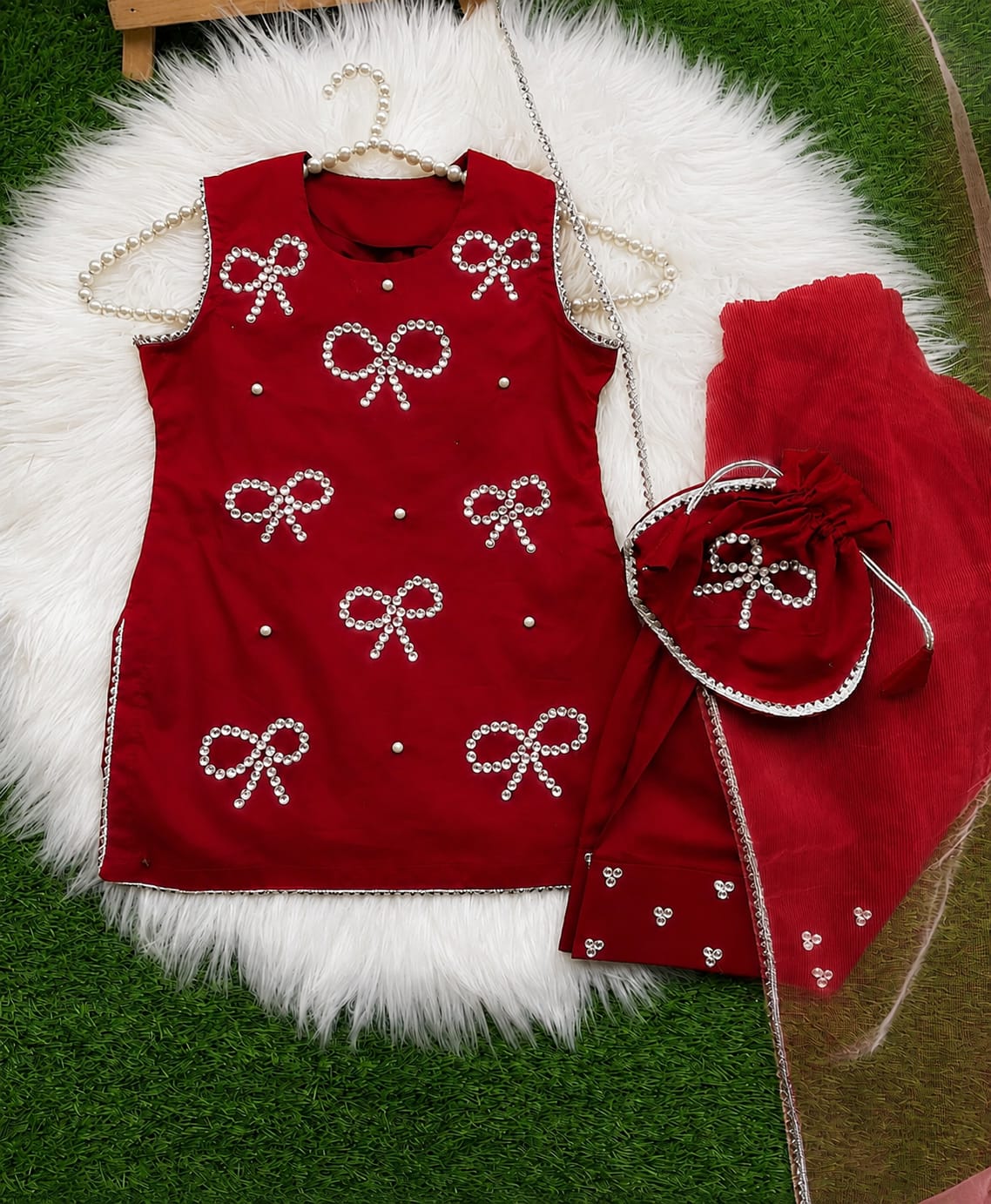 Sequence Bow Dress for Baby girls 4 peice Dress