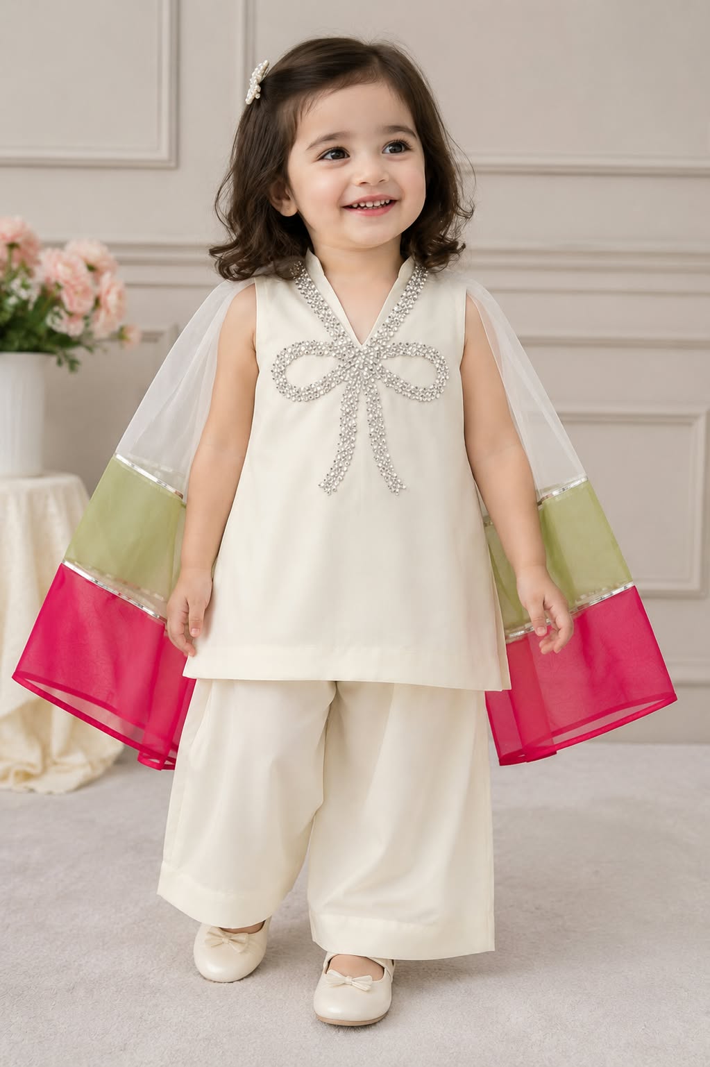 Baby girls white dress with sequence Bow neck 3 peice dress