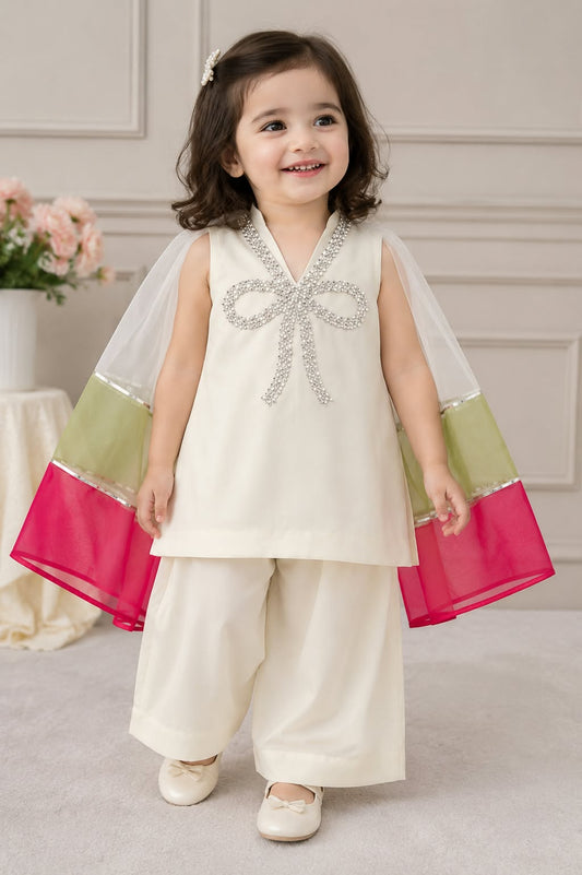 Baby girls white dress with sequence Bow neck 3 peice dress