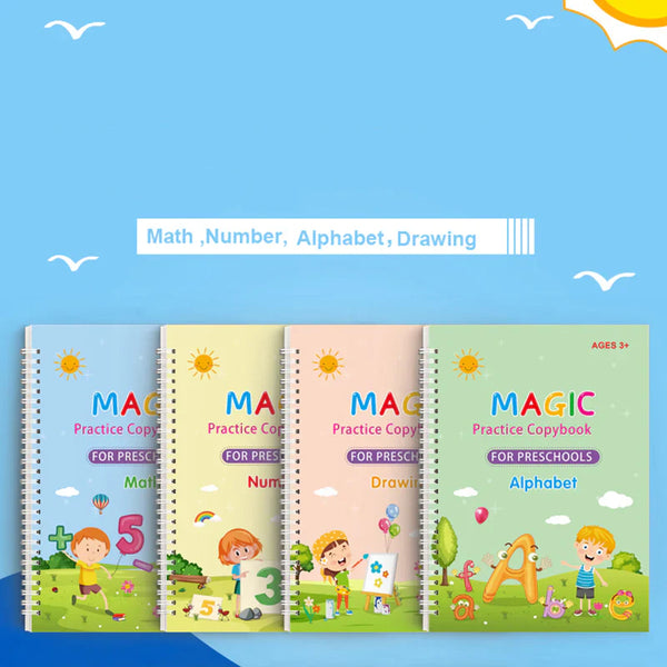 Pack Of 4 Kids Magic Practice Books Kids learning for Home and school with 10 refill pens
