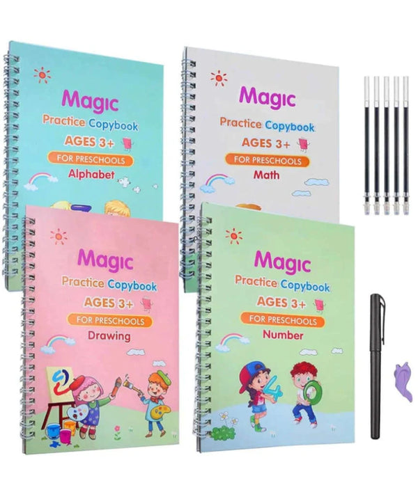 Pack Of 4 Kids Magic Practice Books Kids learning for Home and school with 10 refill pens