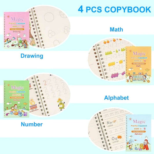 Pack Of 4 Kids Magic Practice Books Kids learning for Home and school with 10 refill pens